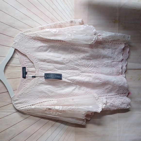 Flora Ashley Embroidery Lace Romantic Soft Pink Butterfly Sleeves Blouse Top - Picture 1 of 5